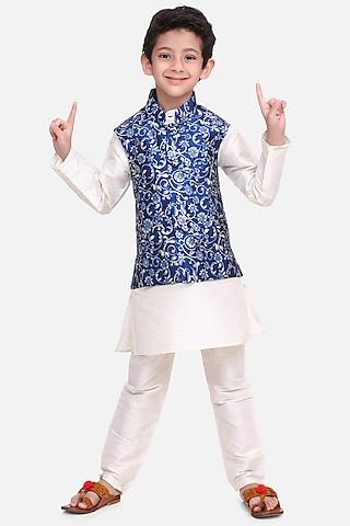 white silk kurta set with printed nehru jacket for boys
