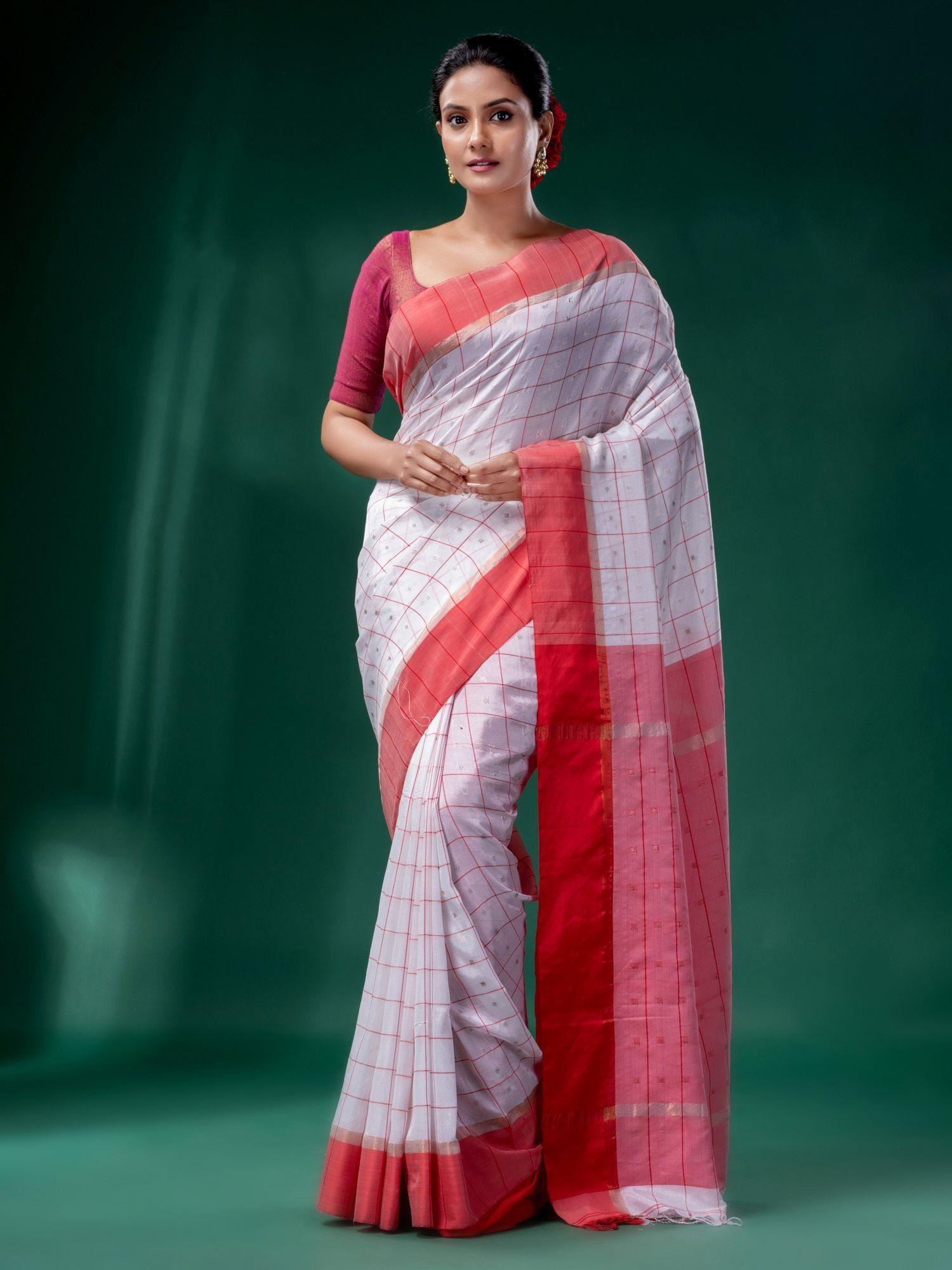 white silk linen soft saree with checks design with unstitched blouse