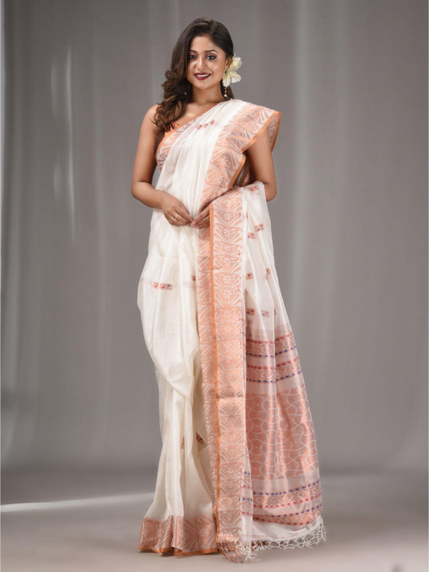 white silk matka handwoven saree with texture border with unstitched blouse