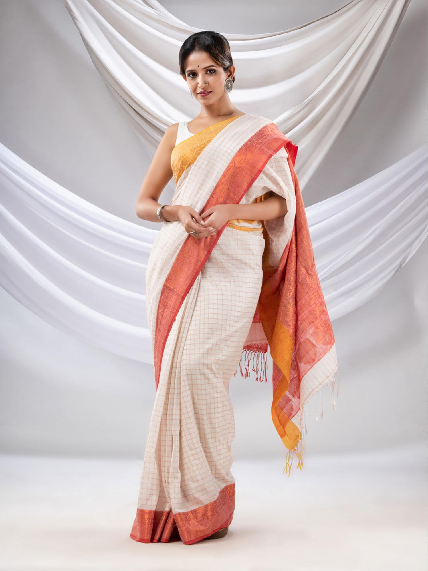 white silk matka soft saree with checked pattern with unstitched blouse