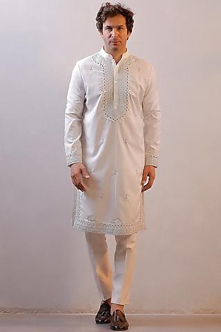 white silk mirror work kurta set