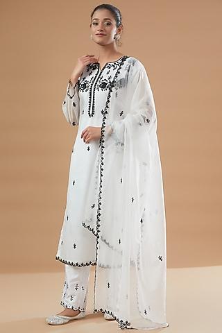 white silk organza embroidered kurta set