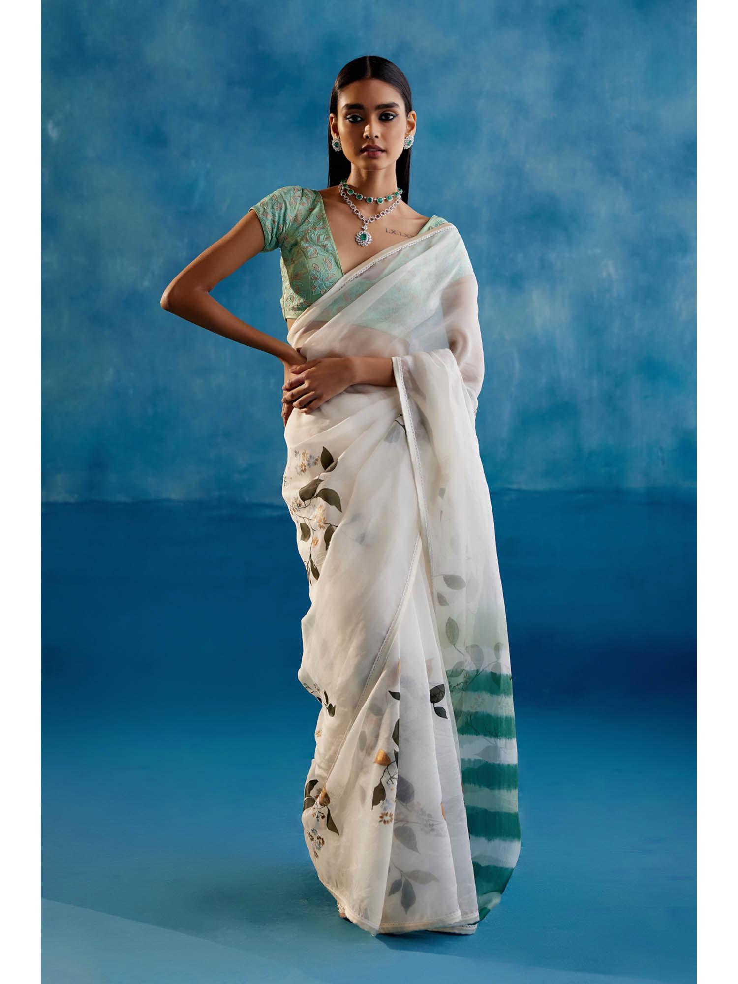 white silk organza hand painted saree with stitched blouse