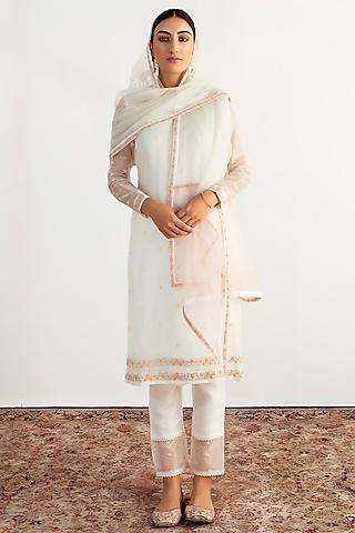 white silk organza handcrafted embroidered kurta set