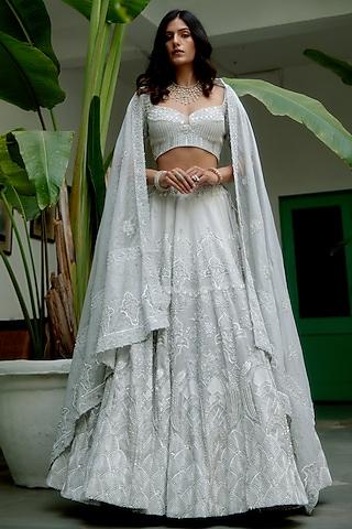 white silver brocade hand embellished lehenga set