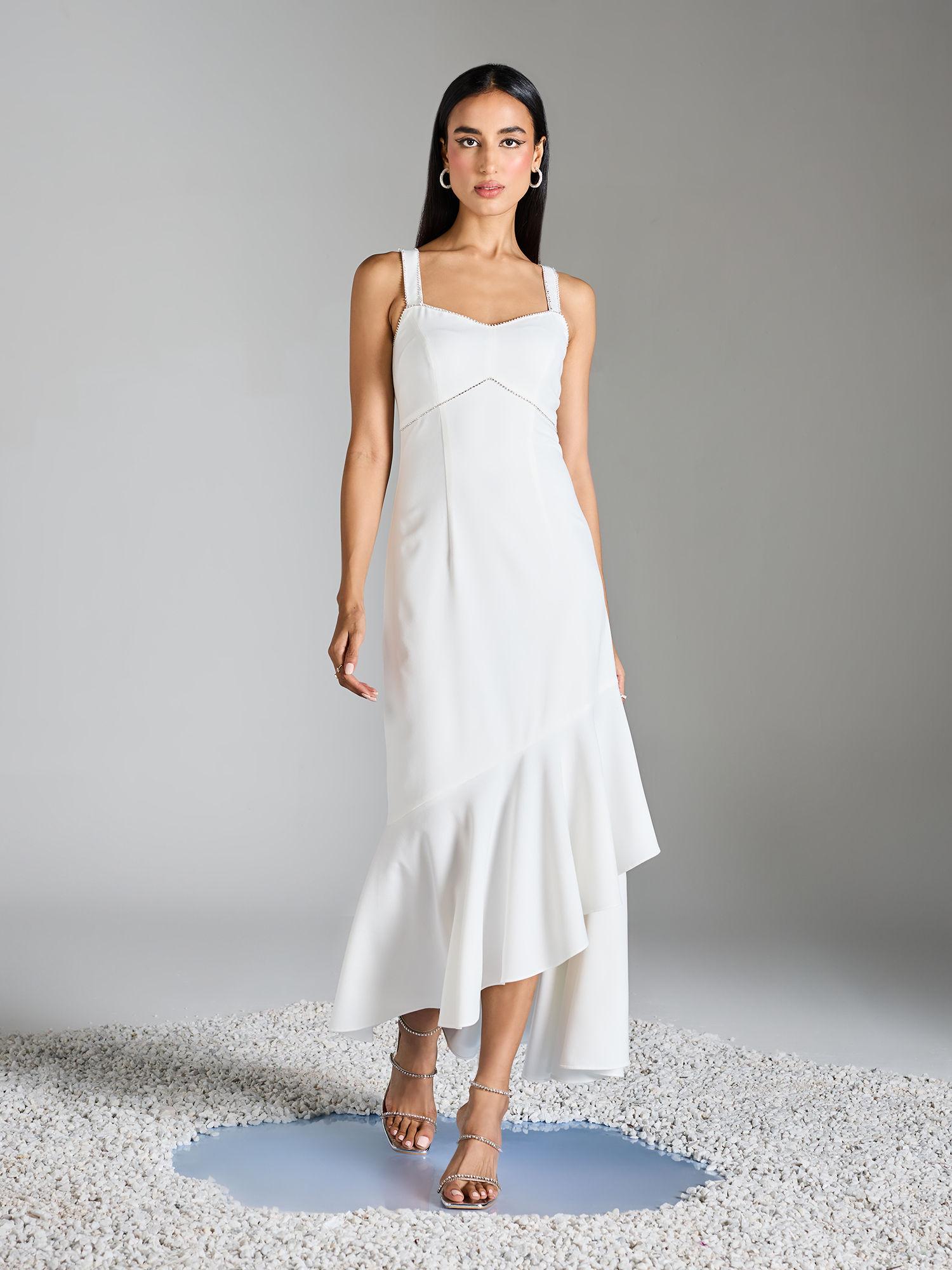 white sleeveless fit and flare asymmetric ruffle maxi dress