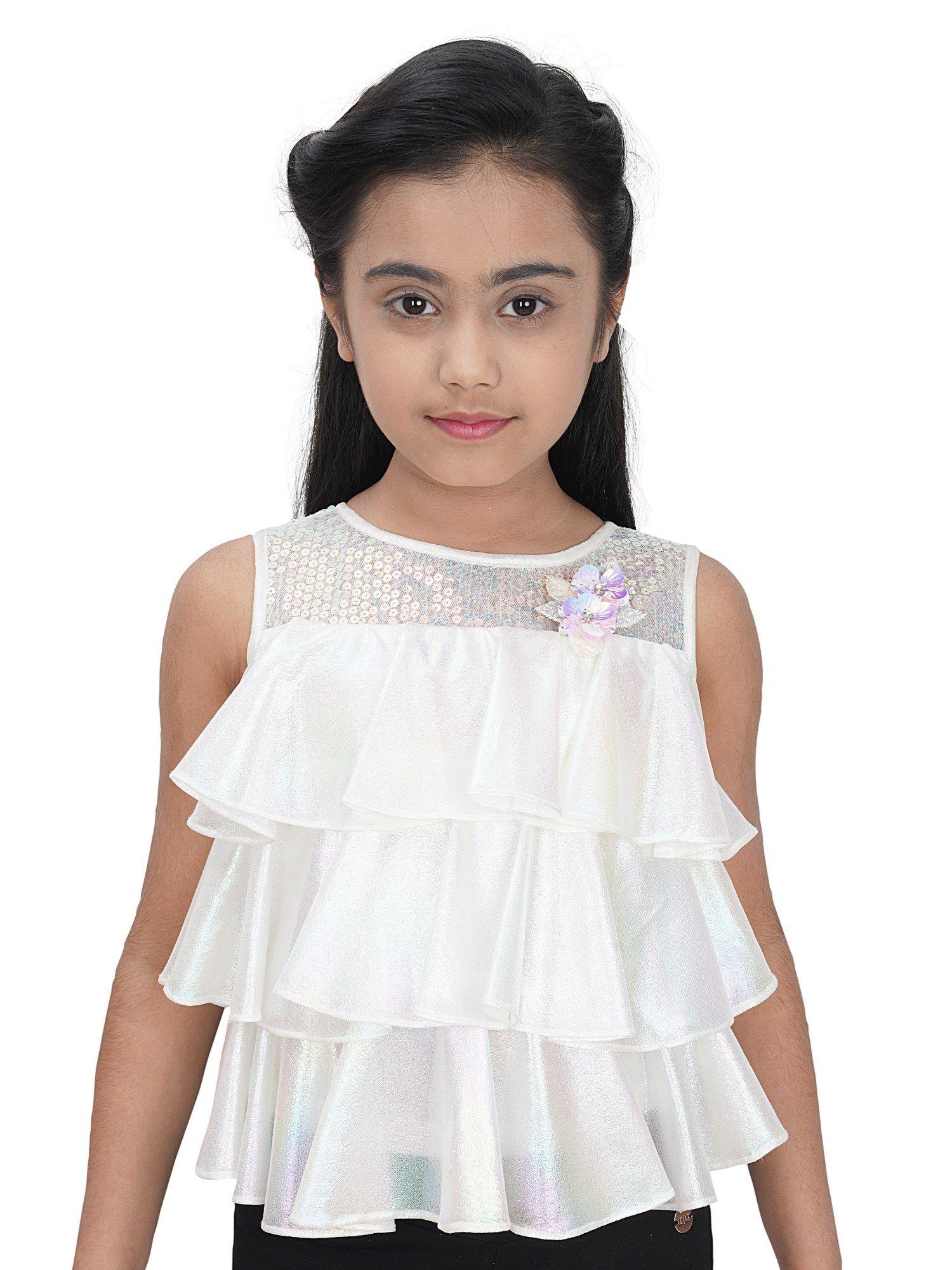white sleeveless flower applique & sequin embellished layered top
