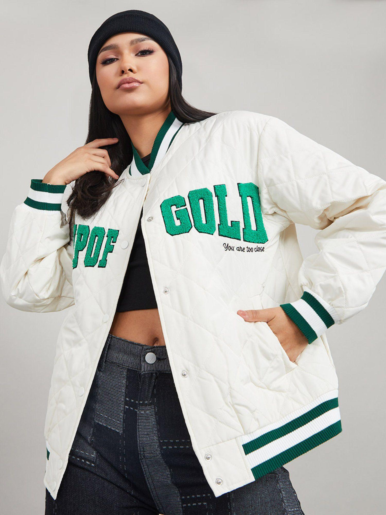 white slogan embroidered quilted oversized bomber jacket