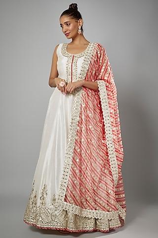 white slub silk embroidered anarkali set