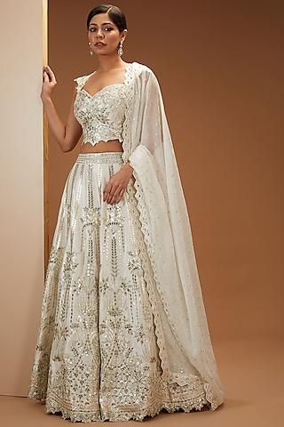 white slub silk embroidered lehenga set