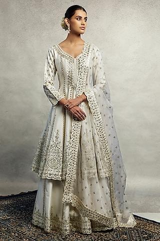 white slub silk mirror embroidered anarkali set