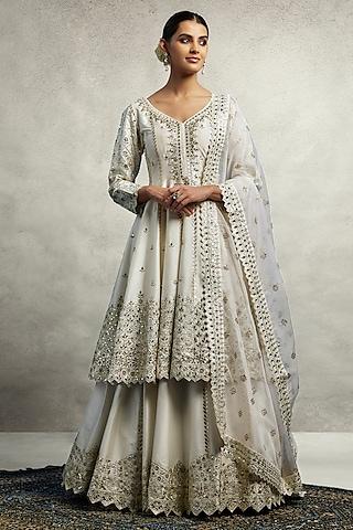 white slub silk mirror embroidered anarkali set