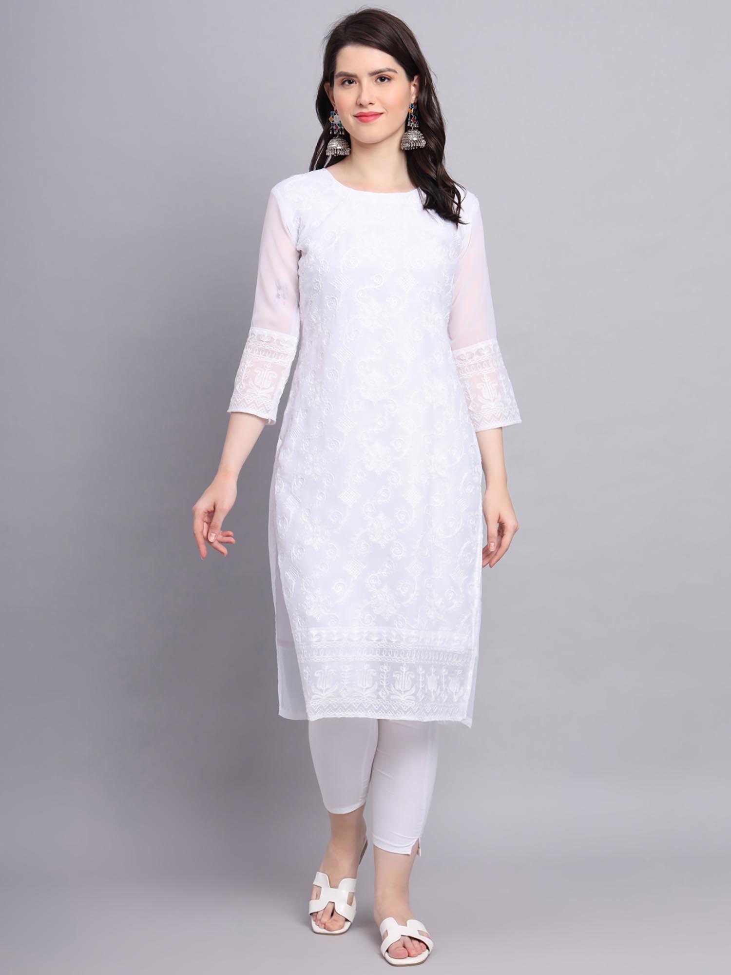 white soft georgette kurta lucknowi chikankari work straigh kurta