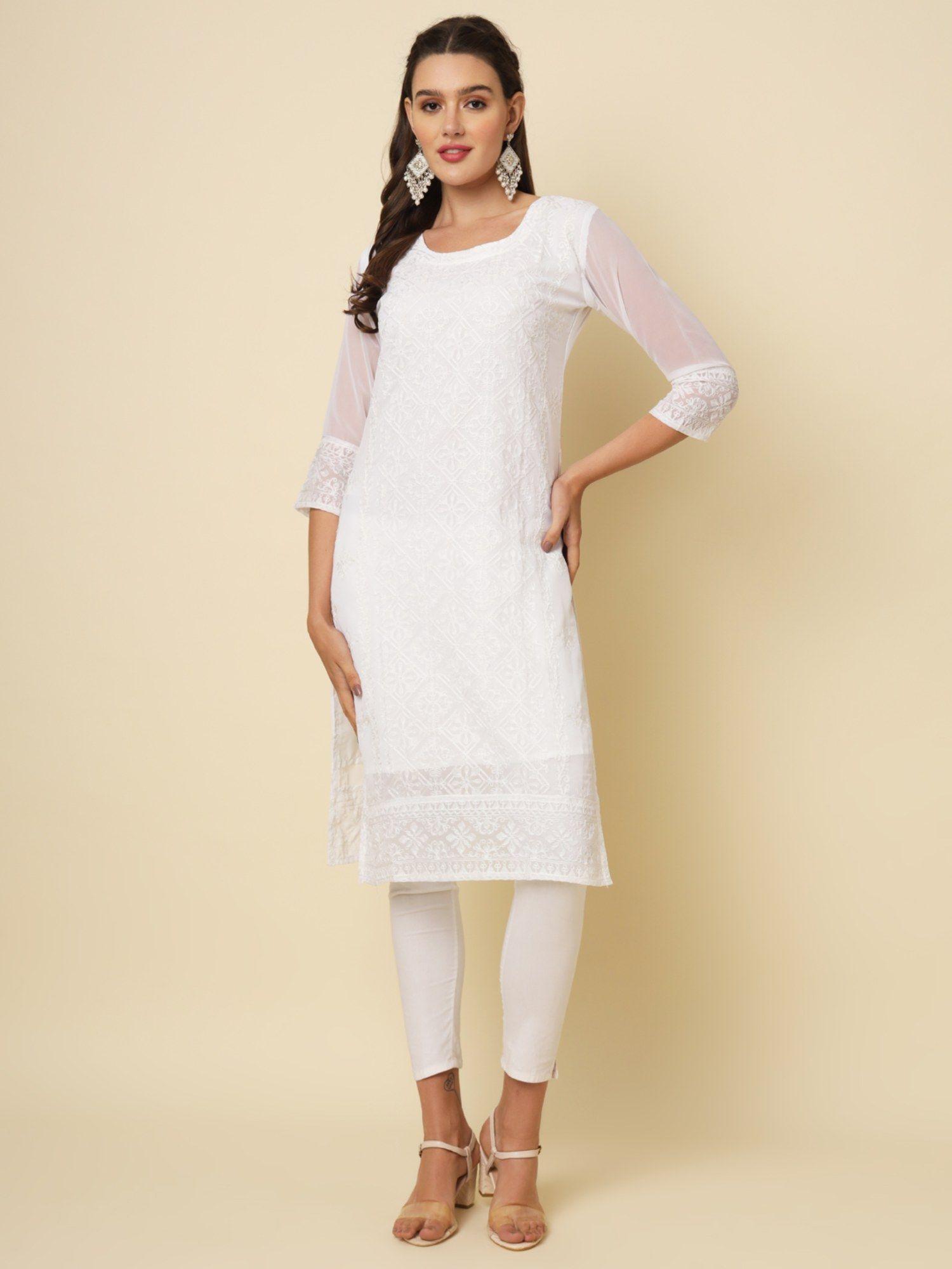 white soft georgette lucknowi chikankari kurta