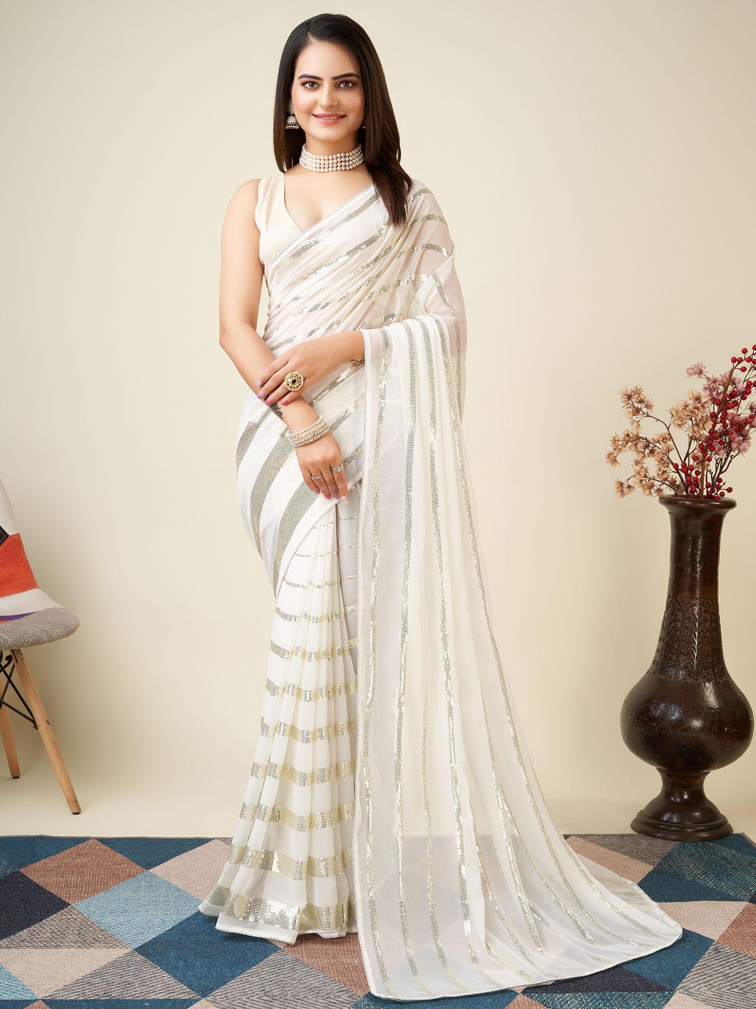 white soft georgette sequined saree & mono banglory with unstitched blouse