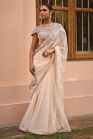 white soft net tilla embroidered saree set