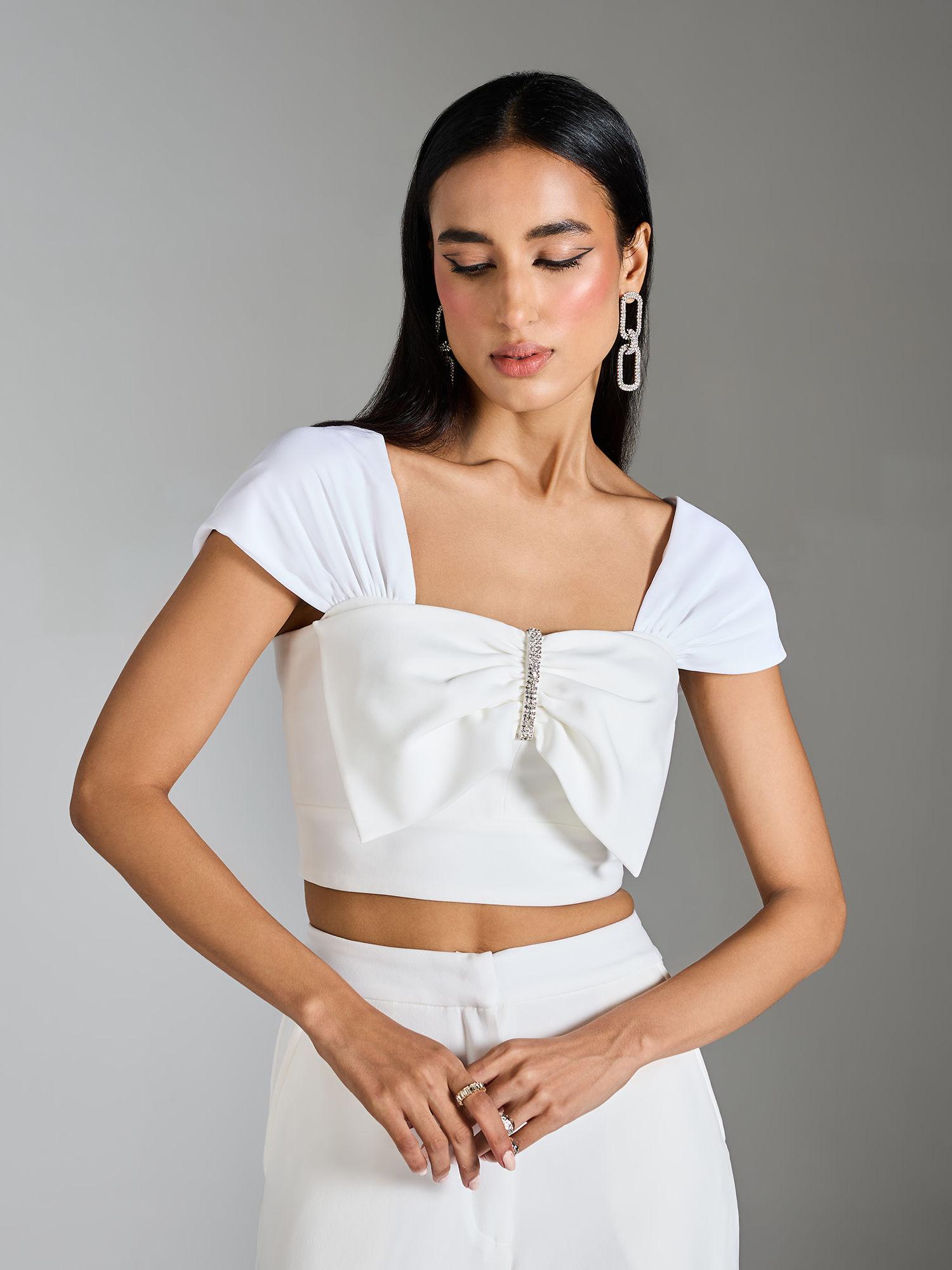 white solid bow detail square neck crop top