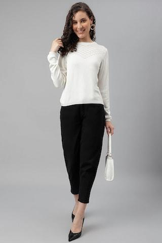 white solid casual full sleeves crew neck women classic fit sweater