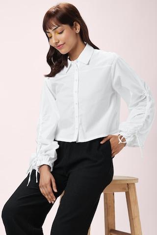 white solid casual full sleeves regular collar women regular fit shirt