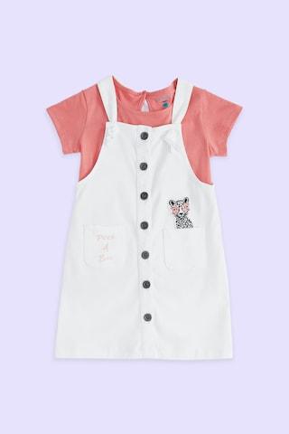 white solid casual half sleeves round neck girls regular fit dungaree set