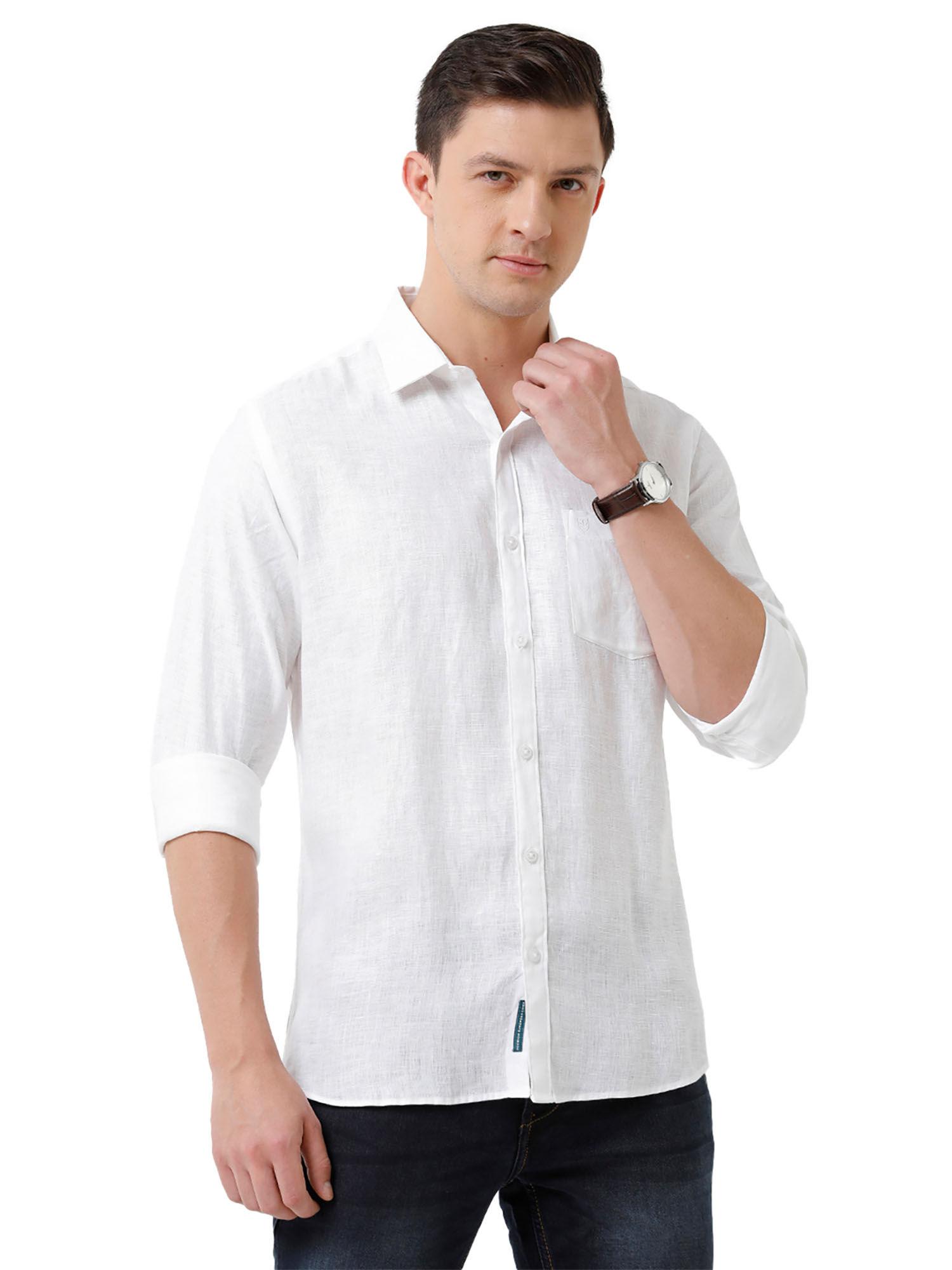 white solid casual regular fit linen shirt for men