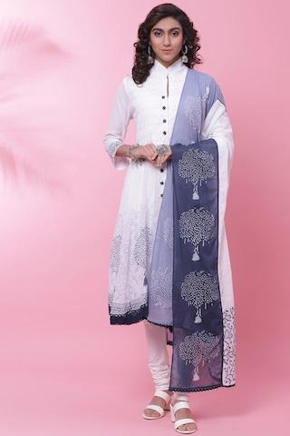 white solid casual turtle neck 3/4th sleeves ankle-length women flared fit churidar kurta dupatta set