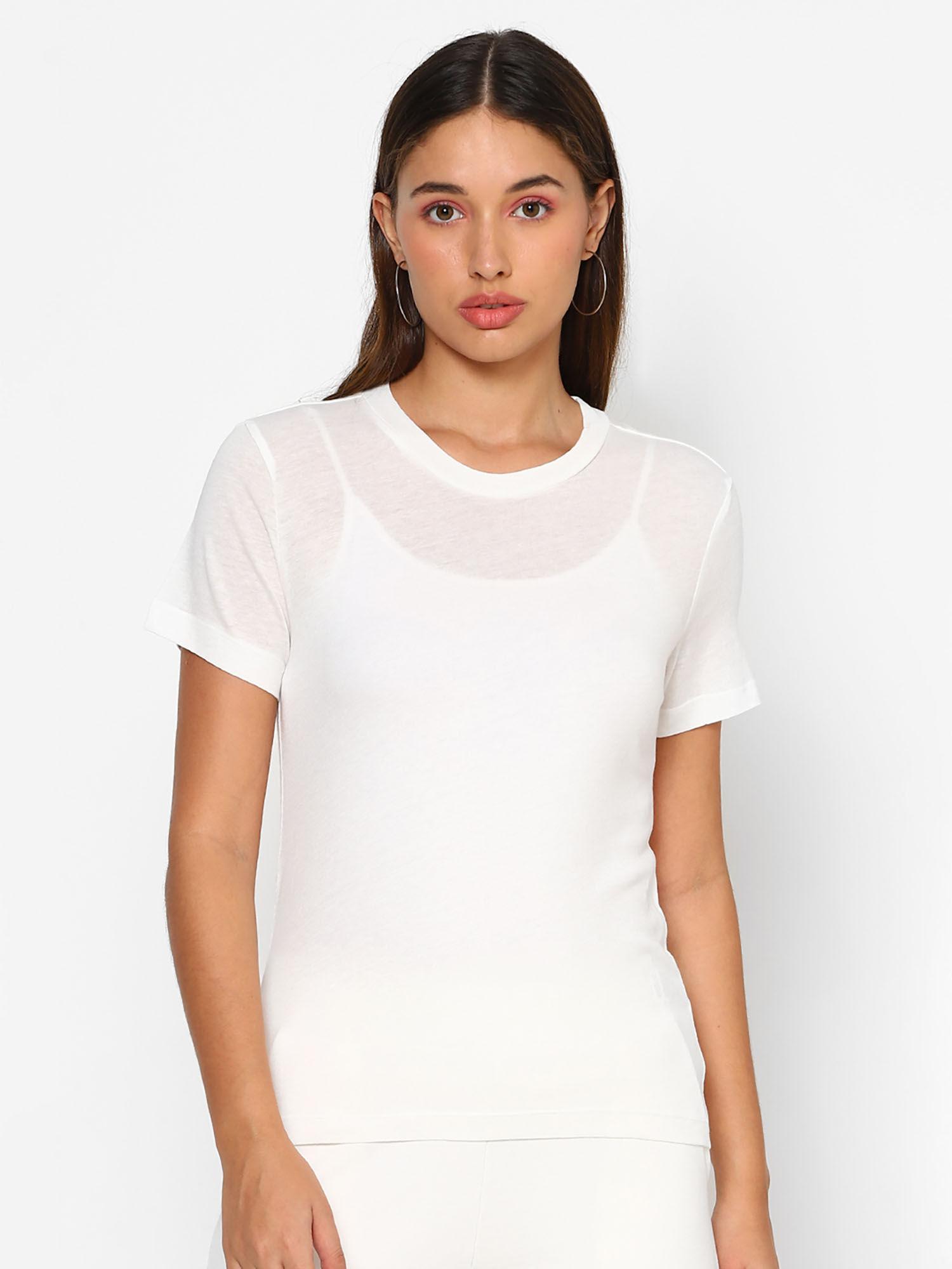 white solid cotton-blend crew neck tee