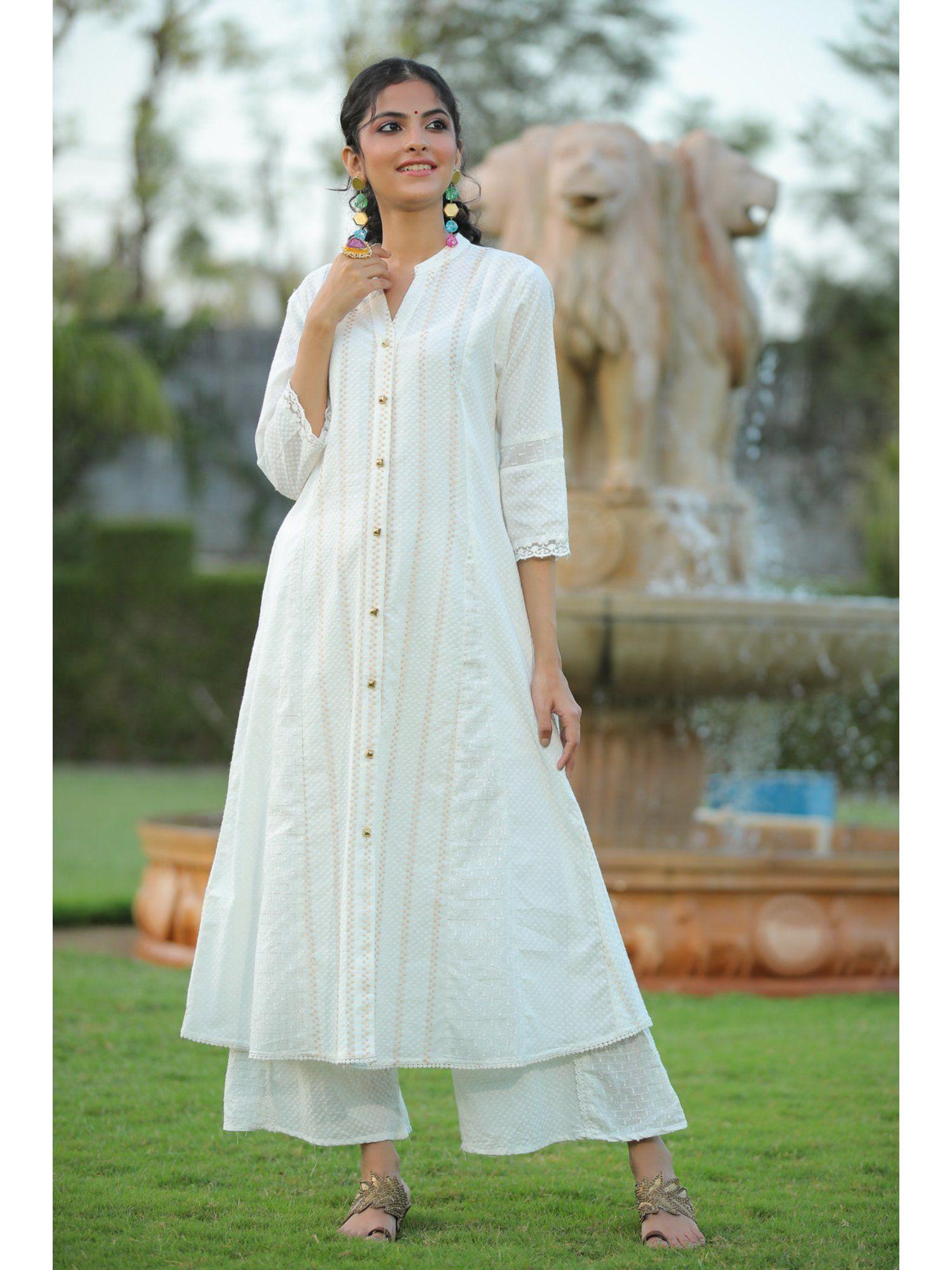 white solid cotton dobby a-line kurta with buttons