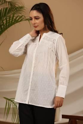 white solid cotton dobby high- low lacy tunic with pin tucks & broad cuffs - white