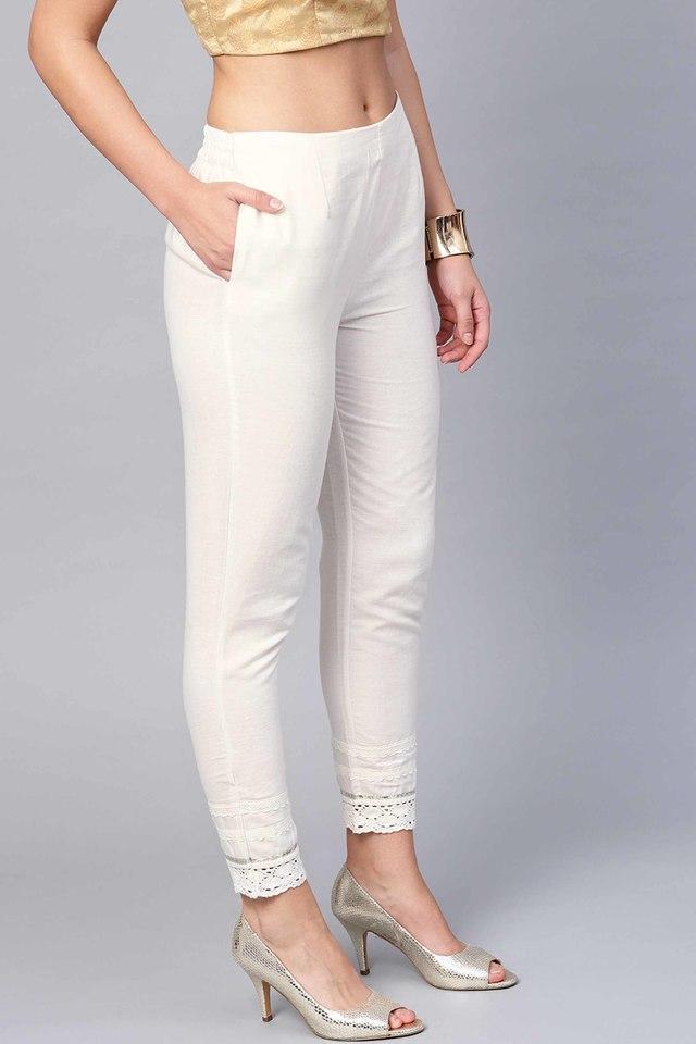 white solid cotton flex  slim fit women pants with one pocket