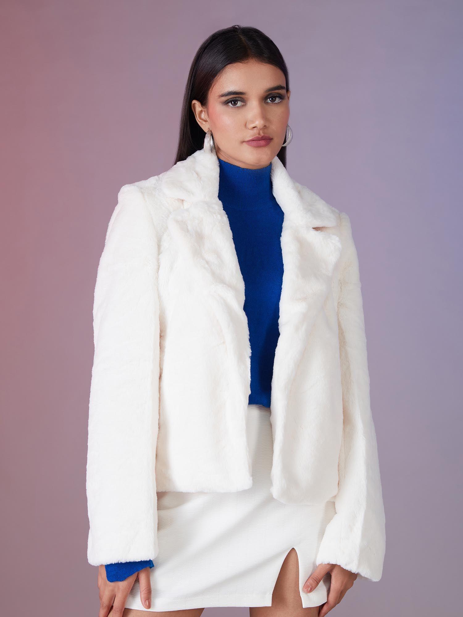 white solid faux fur open front jacket