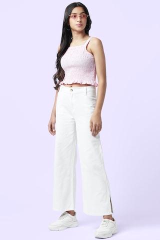 white solid full length mid rise casual girls regular fit trousers