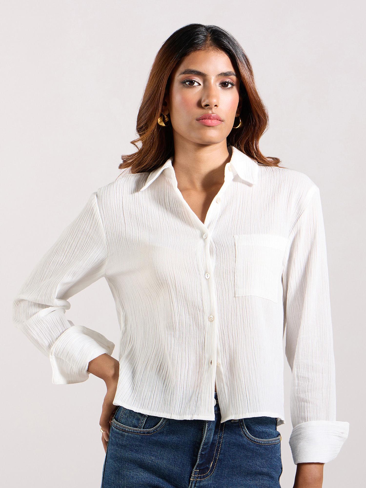 white solid full sleeves front pocket shirt