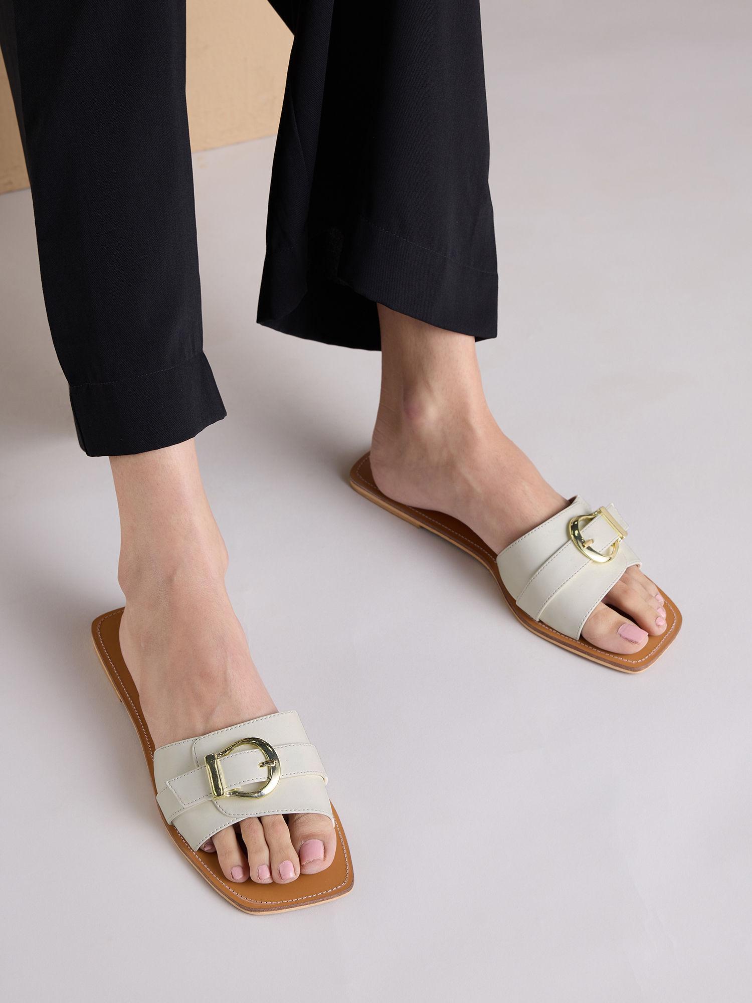 white solid gold buckle slider flats