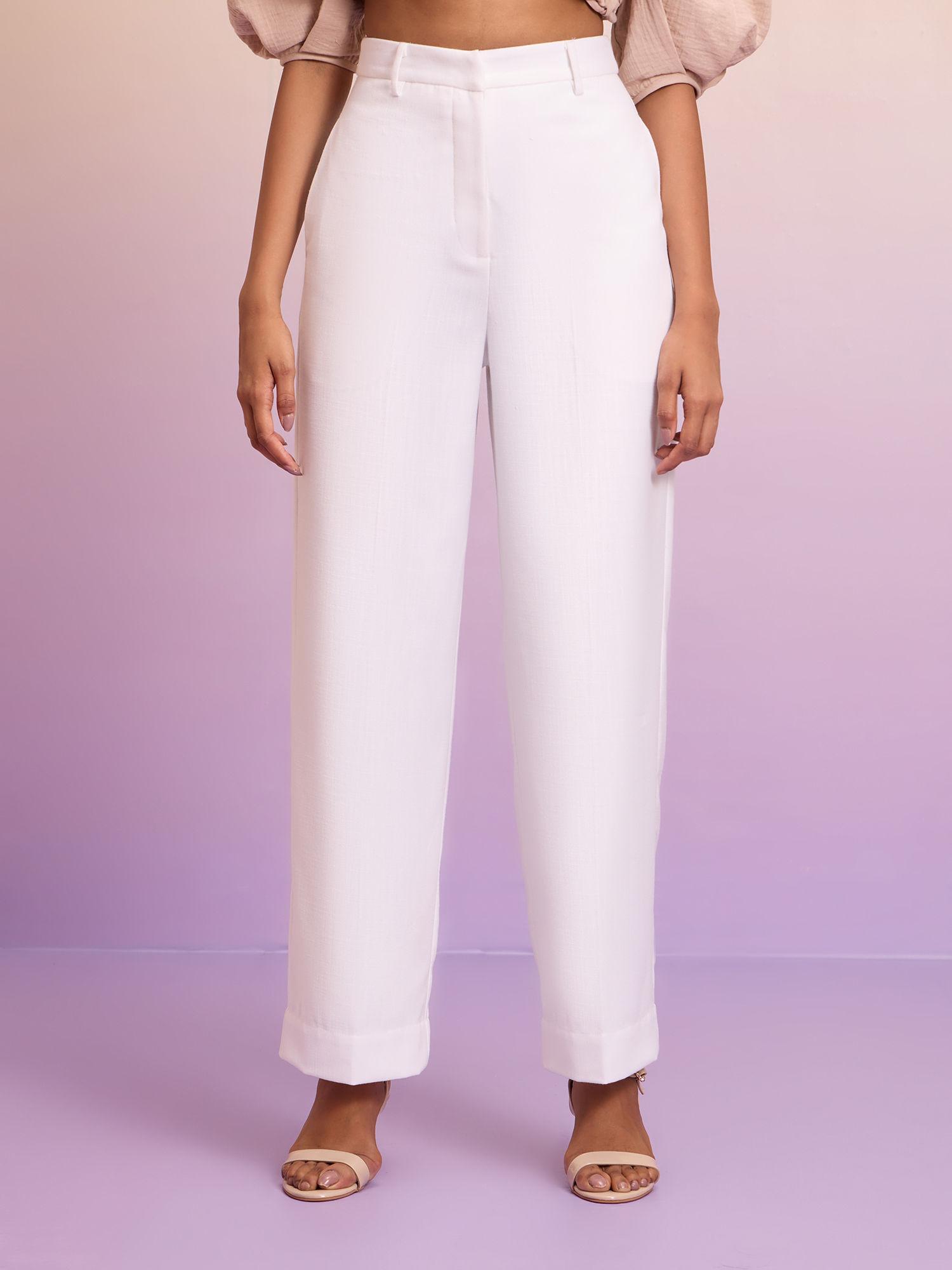 white solid high waist straight semi formal linen pant