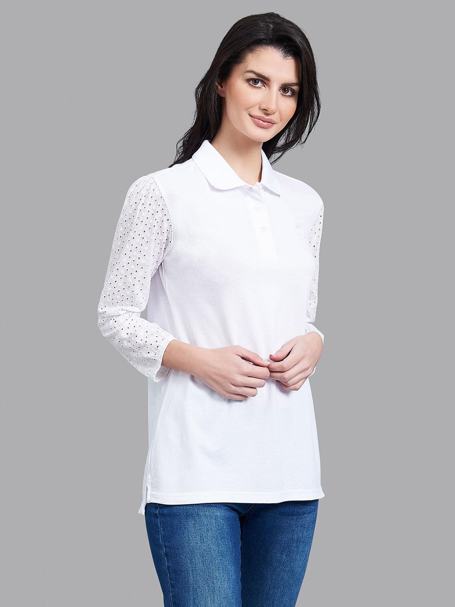 white solid lovely in lace polo