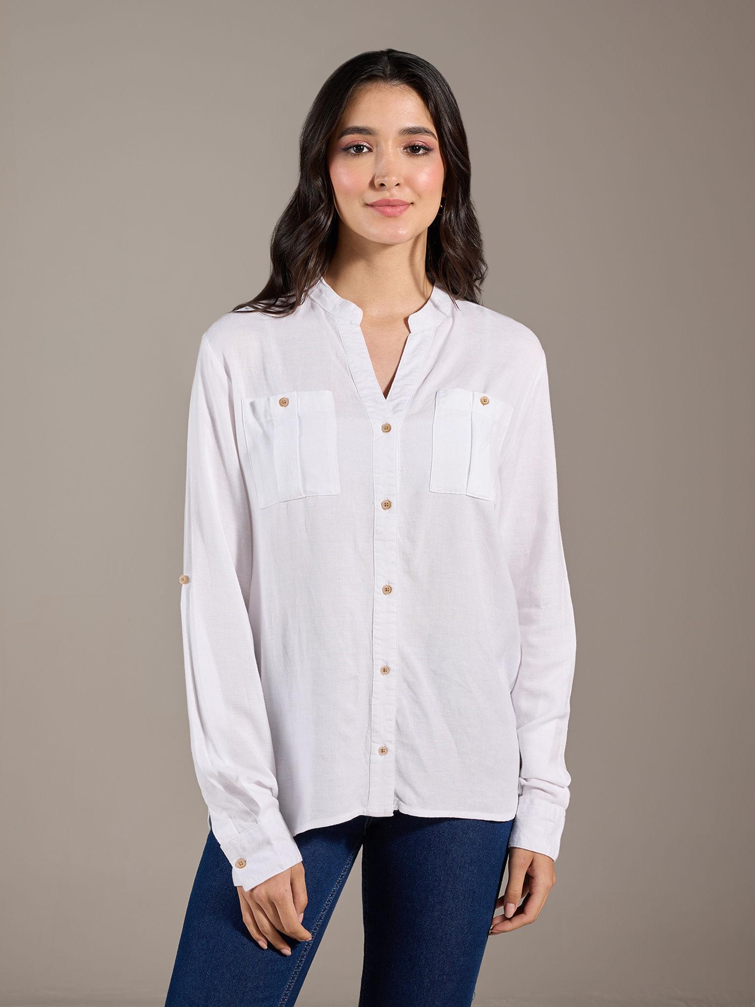 white solid mandarin collar roll up sleeves shirt