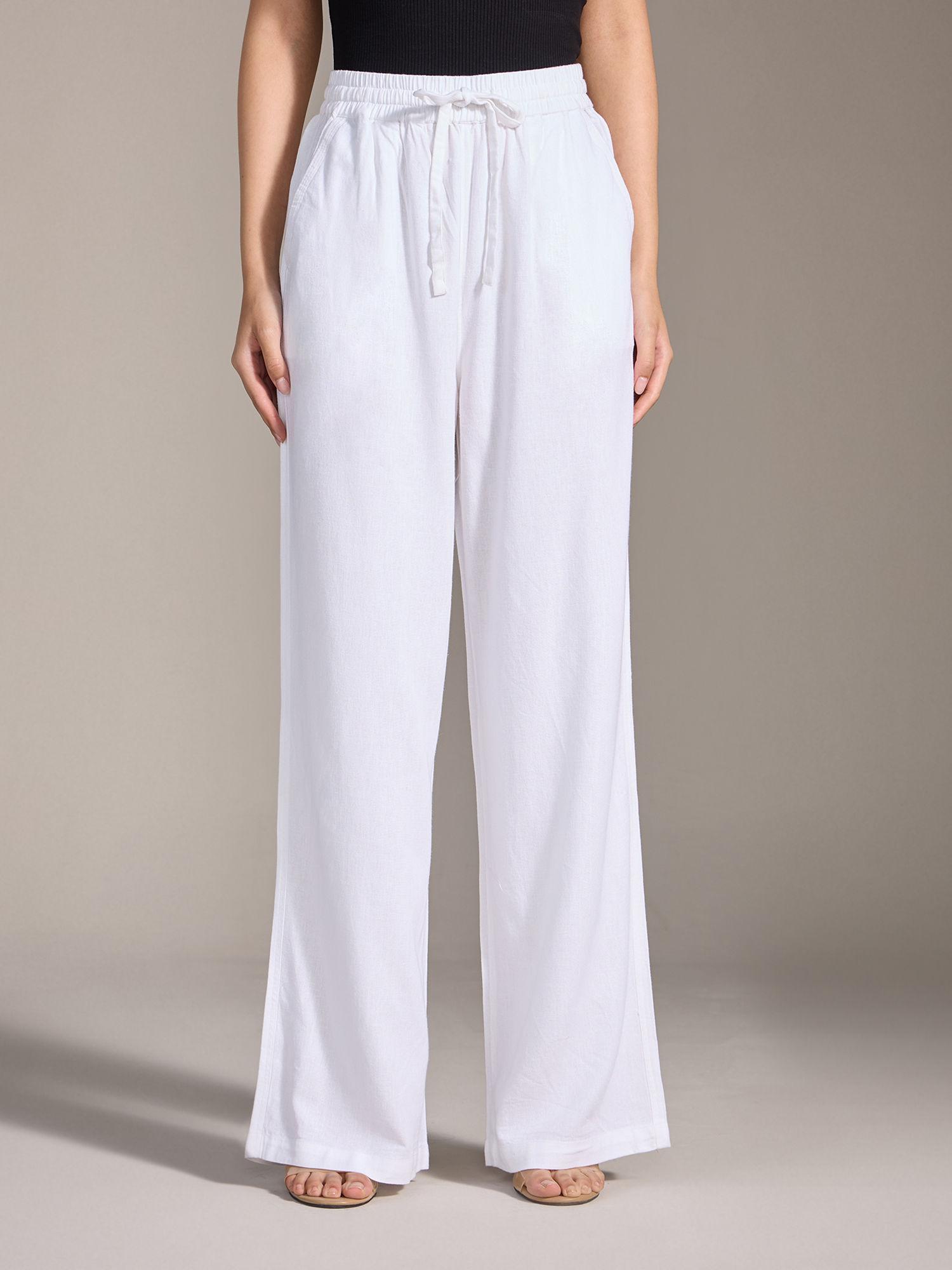 white solid mid waist straight linen pants