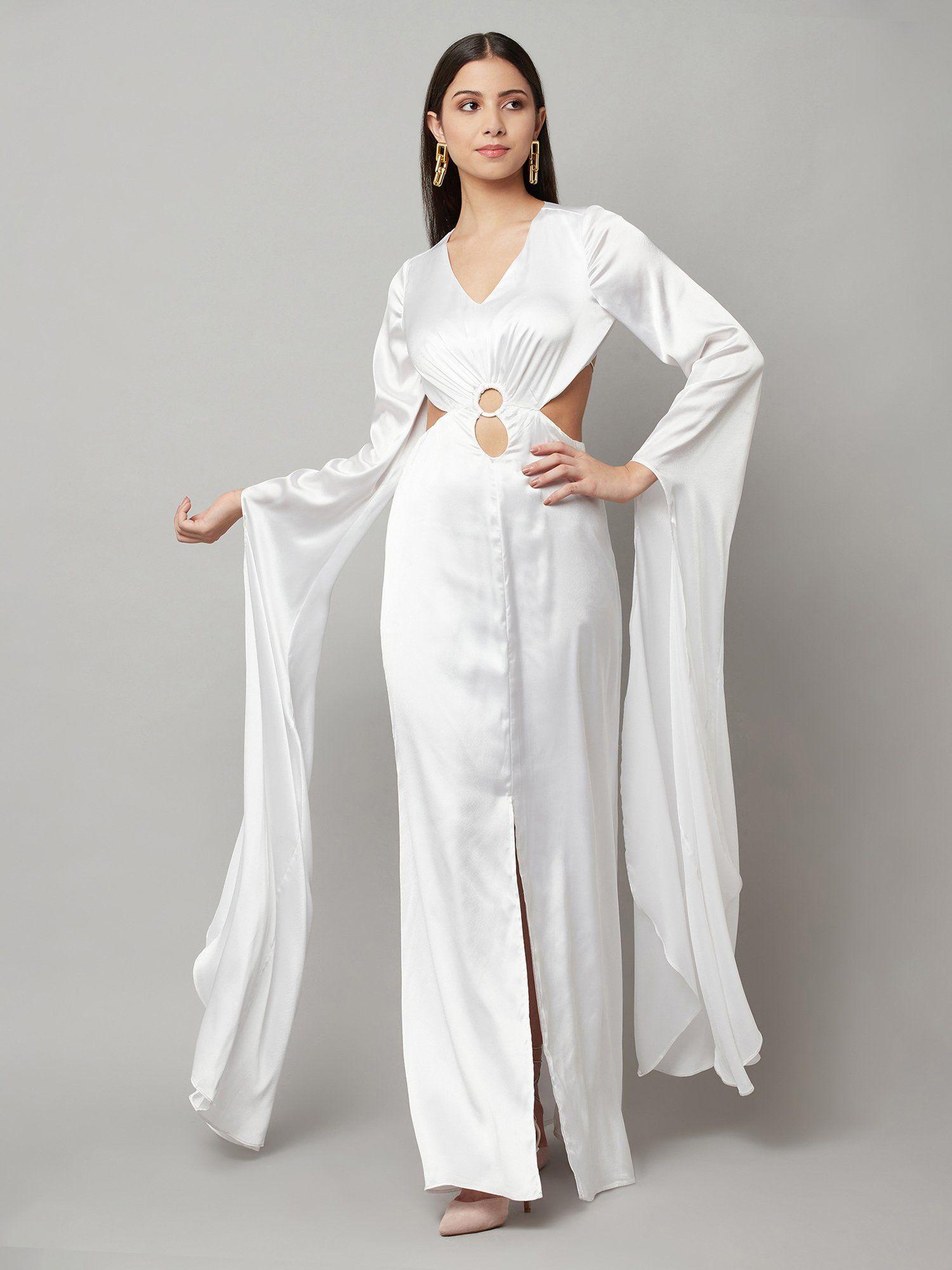 white solid mystique long sleeves satin dress