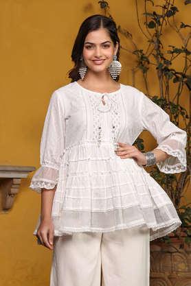 white solid peplum lacy keyhole neckline tunic with lining - white