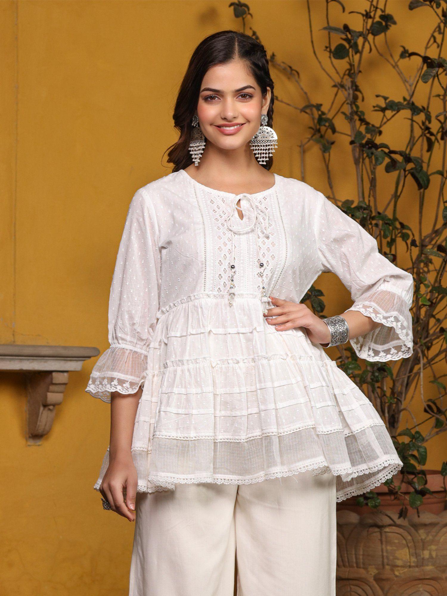 white solid peplum lacy keyhole neckline tunic with lining