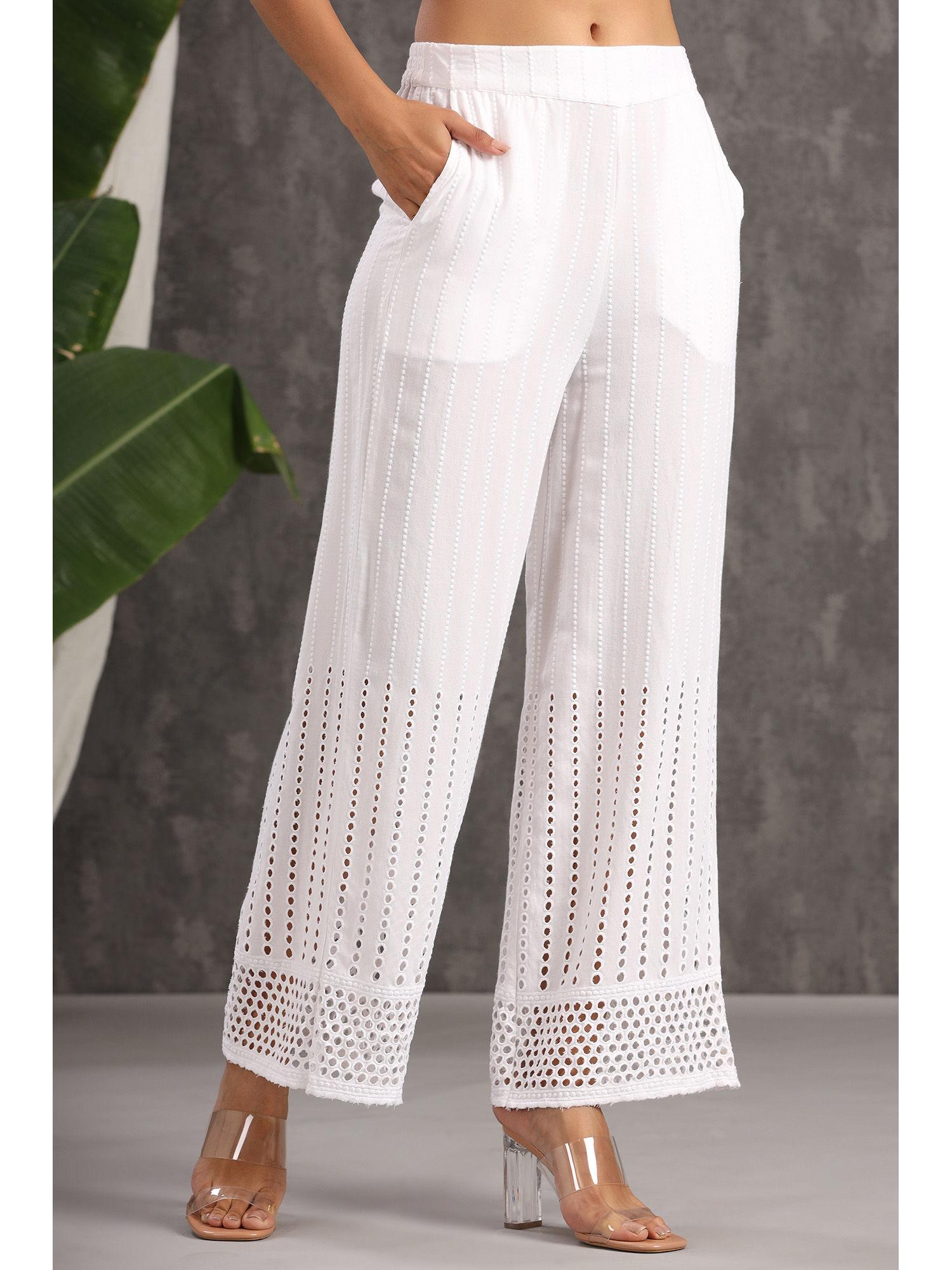 white solid rayon flared ankle-length palazzo.