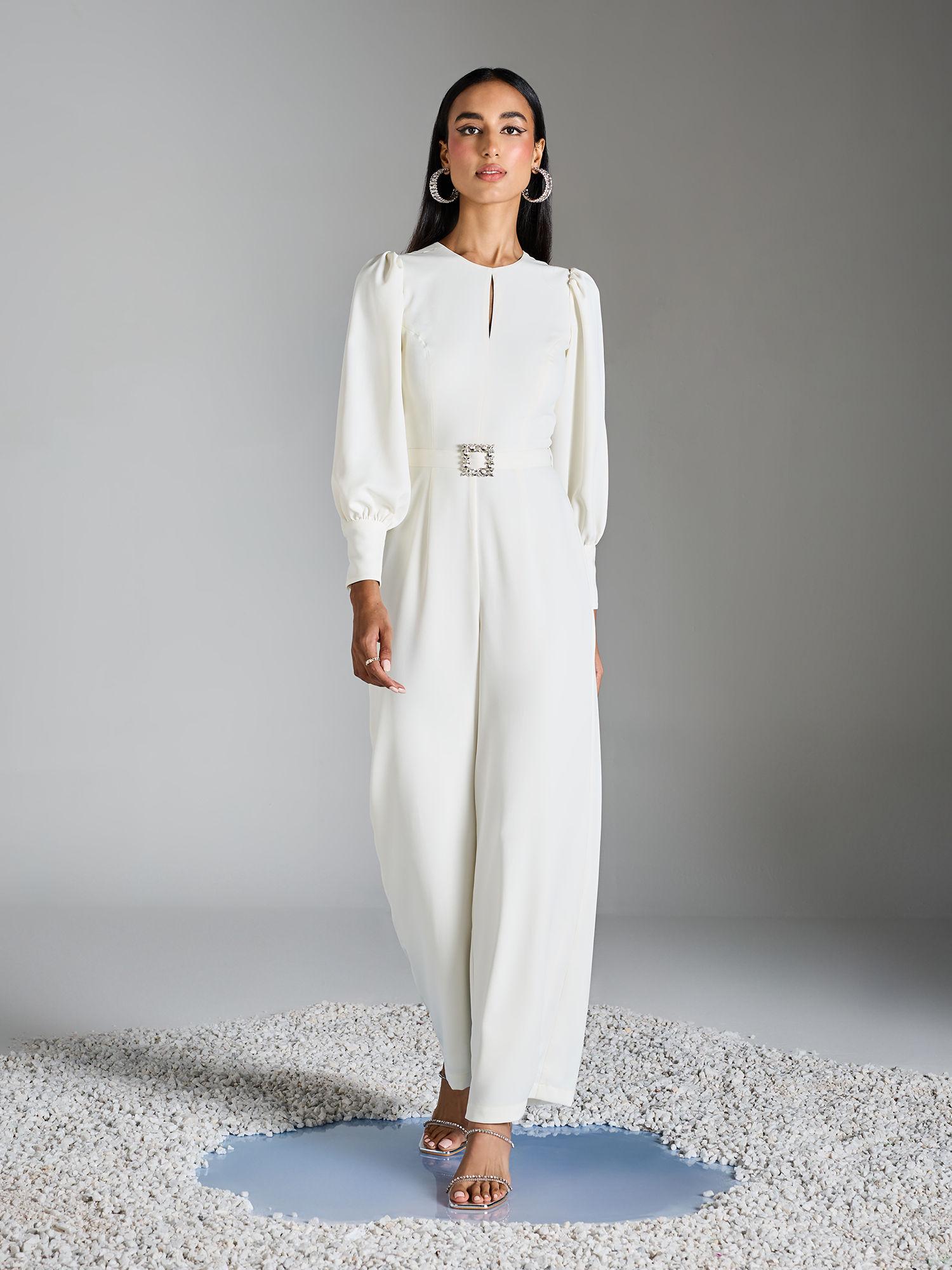 white solid round neck puff sleeve jumpsuit