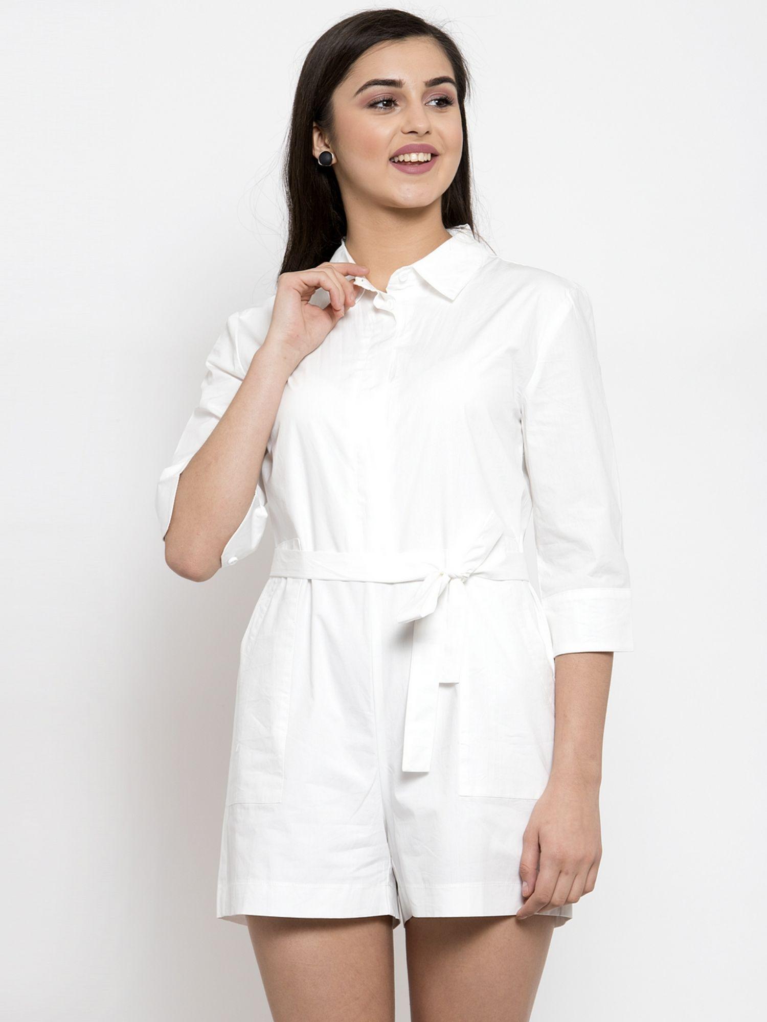 white solid shirt collar three quarter length womens playsuit (set of 2)