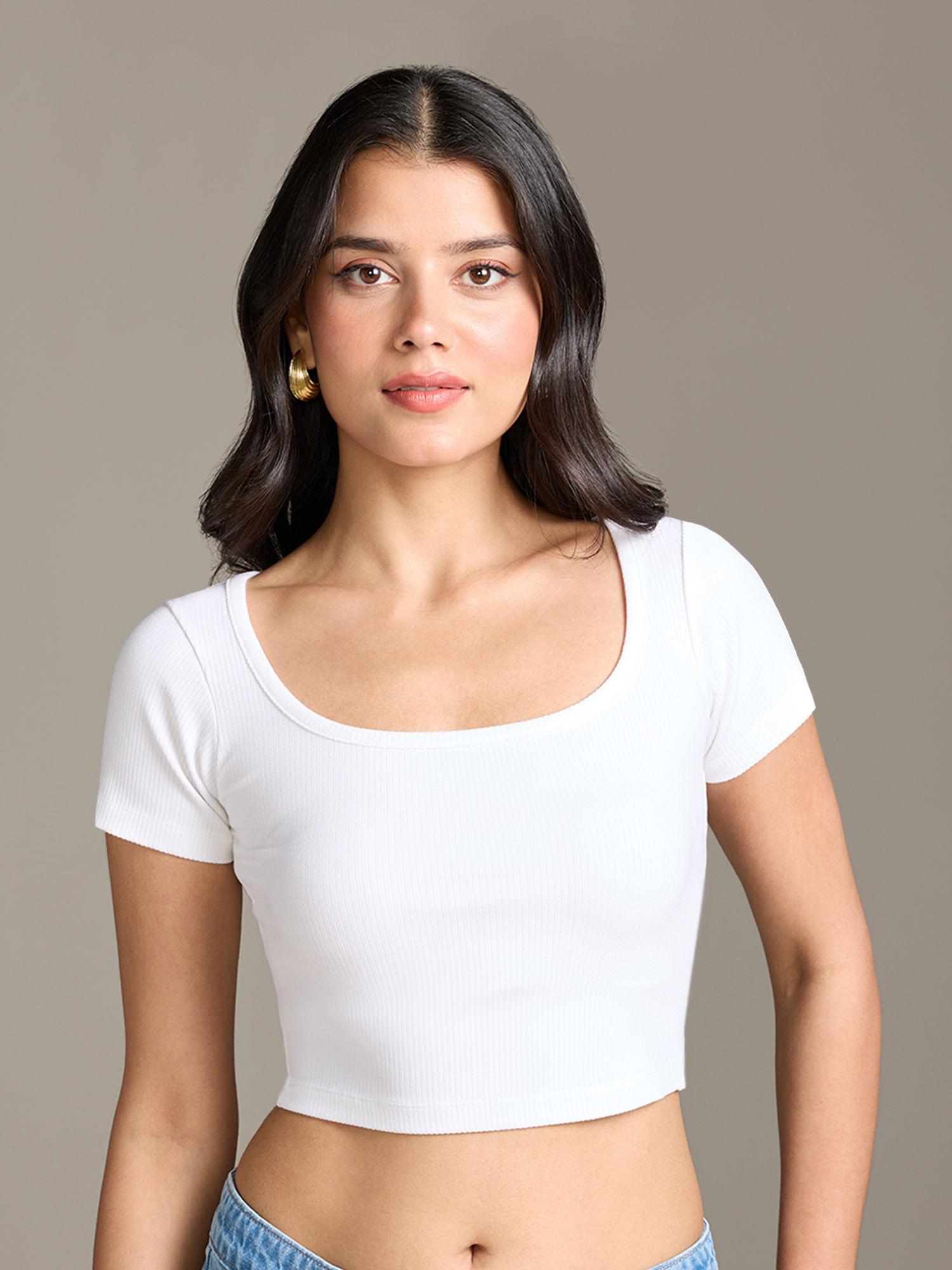 white solid square neck short sleeves fitted crop t-shirt