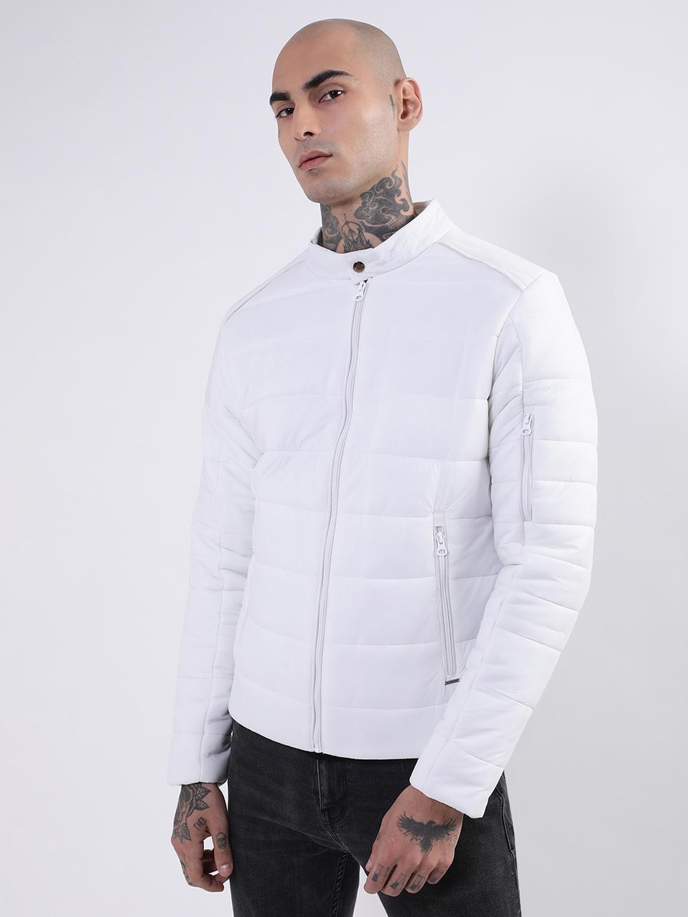 white solid stand collar jacket