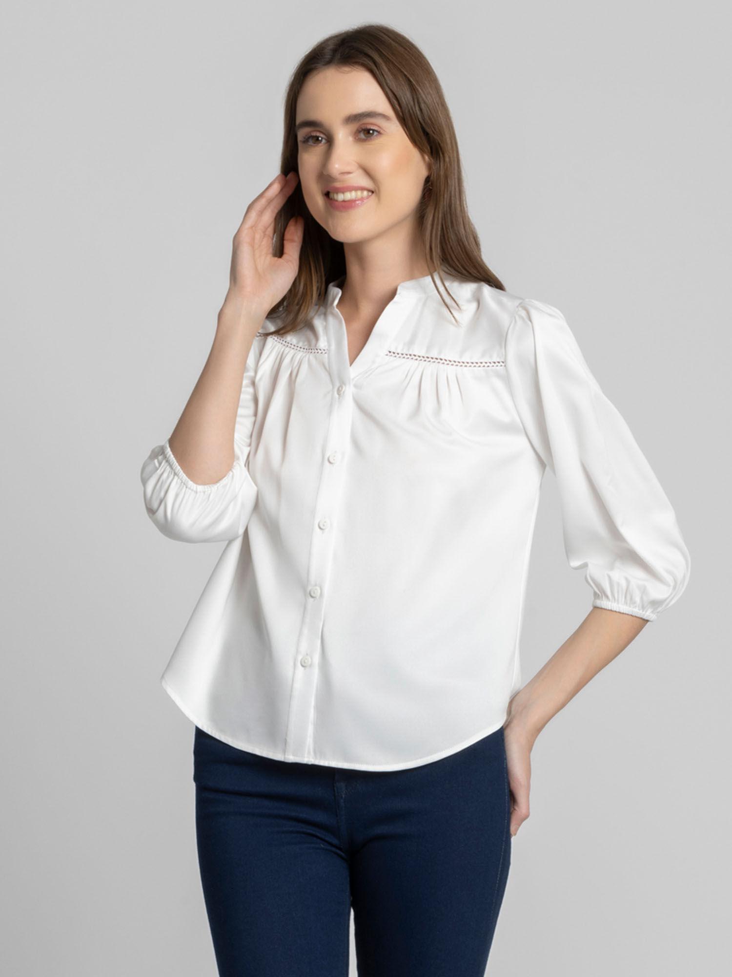 white solid three fourth sleeves casual shirts for women