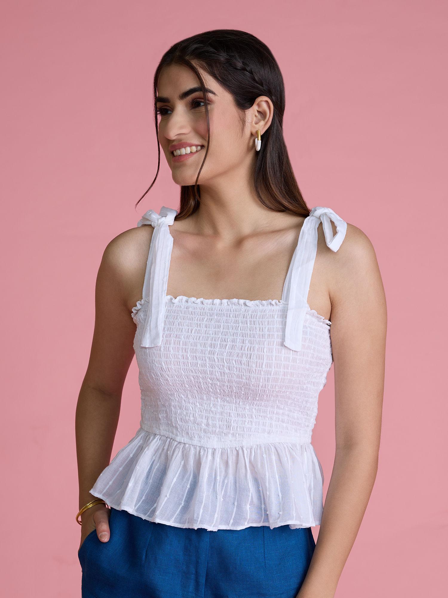 white solid tie up short peplum top