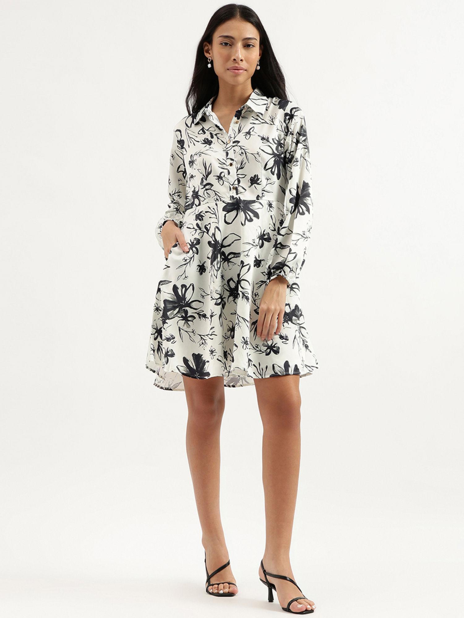 white spread collar printed dress