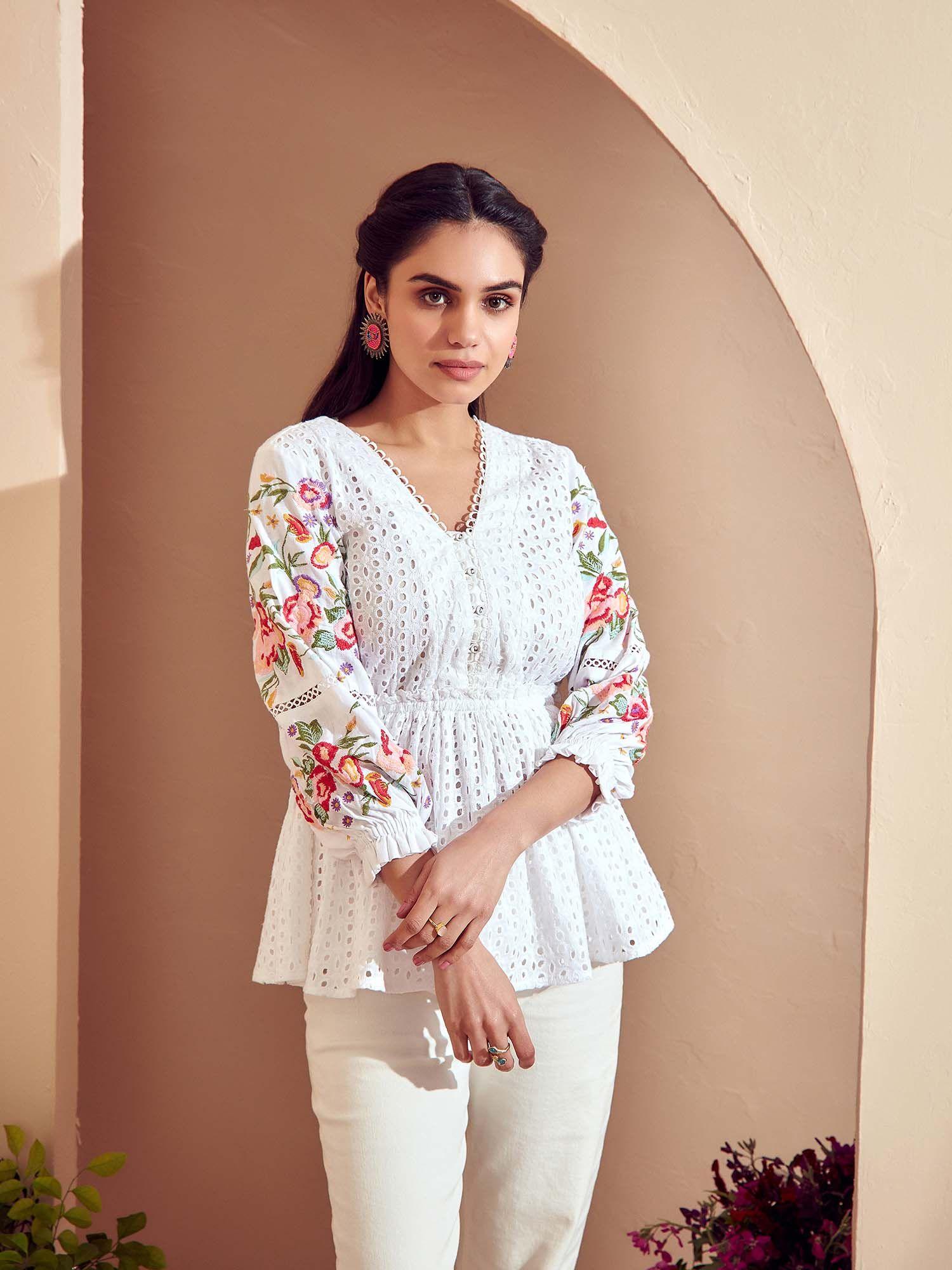 white springtime broderie embroidered blouse